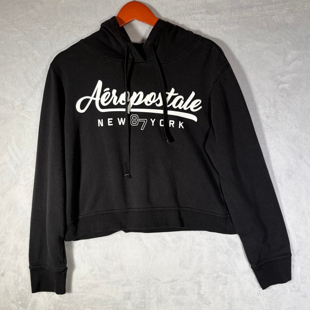 Aeropostale Cropped Hoodie Womens Large Black New York 87 Graphic Sweatshirt